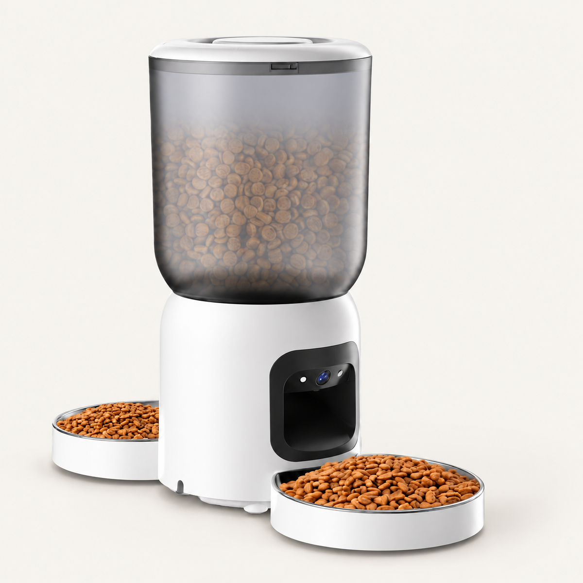 PF5 6L dual-bowl camera pet feeder with translucent hopper and white bowls on a warm ivory studio background
