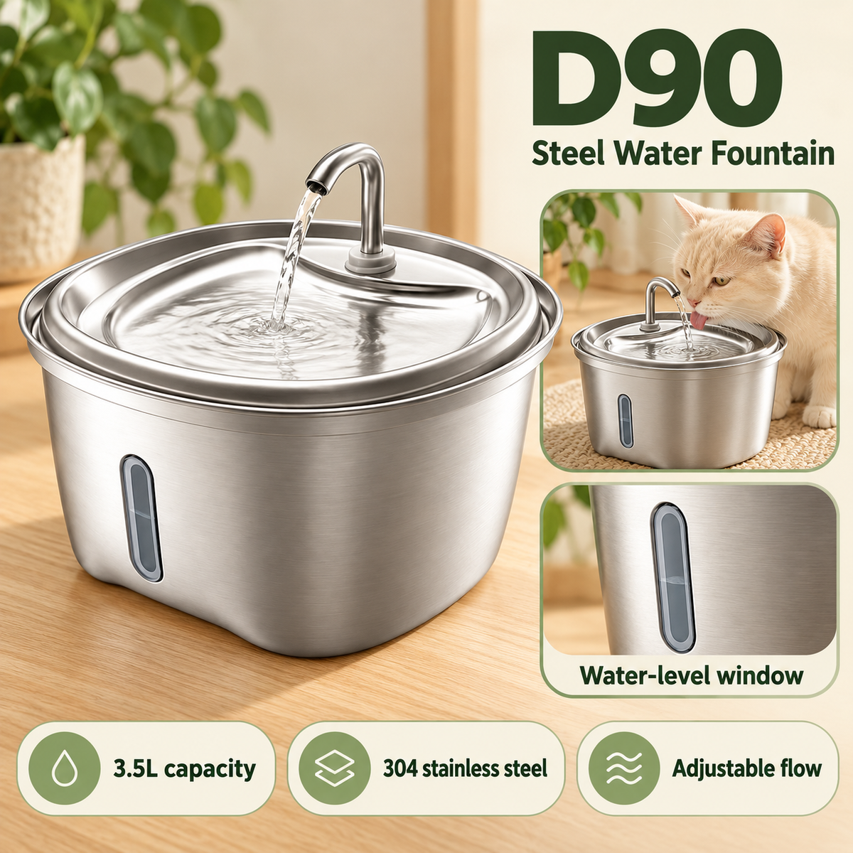 3.5L Stainless Steel Pet Water Fountain - D90